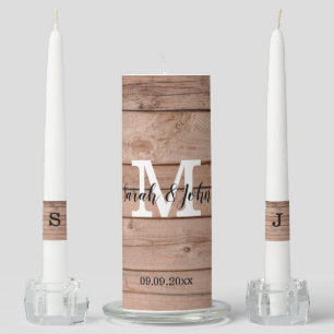 Rustic Wooden Monogram Name Date Wedding Unity Can Candle Set