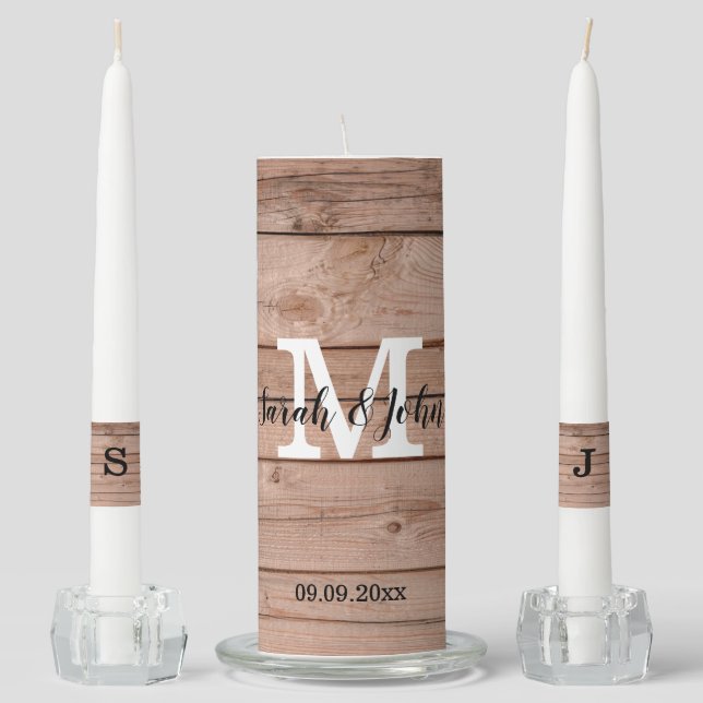 Rustic Wooden Monogram Name Date Wedding Unity Can Candle Set (Front)