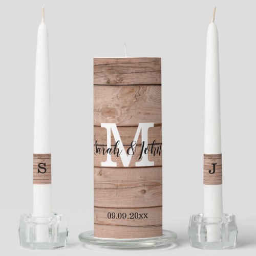 Rustic Wooden Monogram Name Date Wedding Unity Can Unity Candle Set