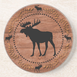 Rustic wooden moose circle sandstone coasters