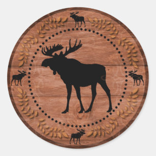 Rustic wooden moose circle stickers