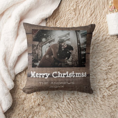 Rustic Wooden Photo Merry Christmas Holiday Name Throw Pillow