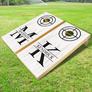 Rustic Wooden Plank with Monogram Initial Name Cornhole Set