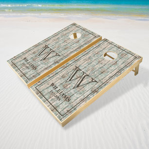 Rustic Wooden Planks Beach Nautical Family Name Cornhole Set