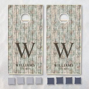 Rustic Wooden Planks Beach Nautical Family Name Cornhole Set