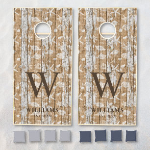 Rustic Wooden Planks Beach Nautical Family Name Cornhole Set