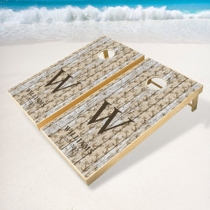 Rustic Wooden Planks Beach Nautical Family Name Cornhole Set