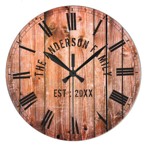 Rustic Wooden Planks Custom Family Name Farmhouse Large Clock
