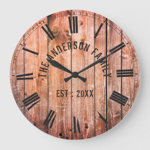 Rustic Wooden Planks Custom Family Name Farmhouse Large Clock