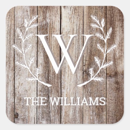 Rustic Wooden Planks Monogrammed Personalized Name Square Sticker