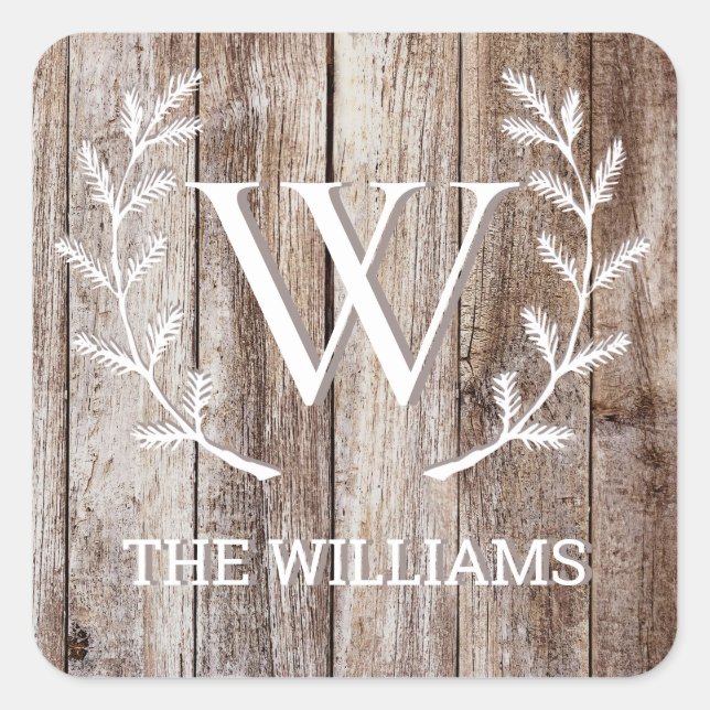 Rustic Wooden Planks Monogrammed Personalized Name Square Sticker (Front)