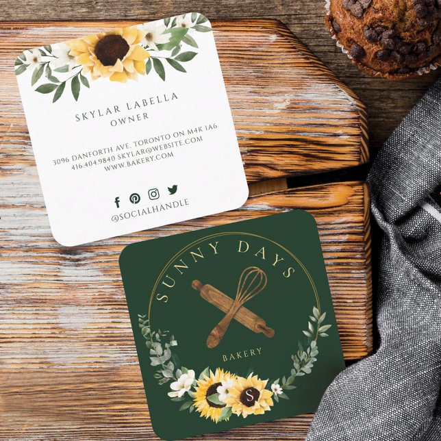 Rustic Wooden Rolling Pin Yellow Sunflower Bakery Square Business Card (Creator Uploaded)