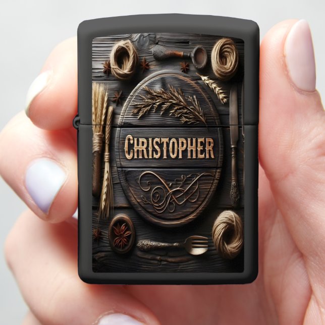 Rustic Wooden Sign With Christopher Zippo Lighter (In Hand)
