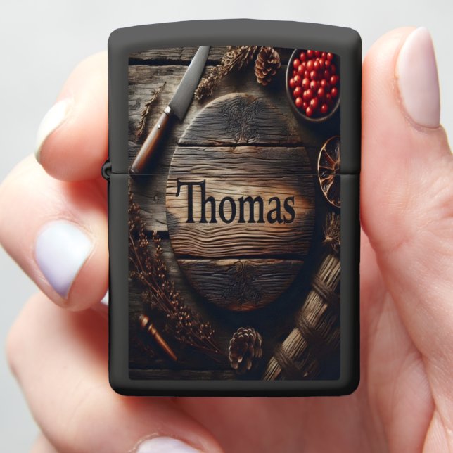 Rustic Wooden Sign With Thomas Zippo Lighter (In Hand)