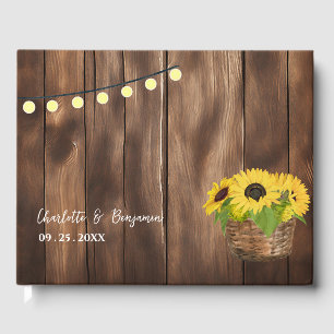 Rustic Wooden String Lights Sunflower Wedding Guest Book