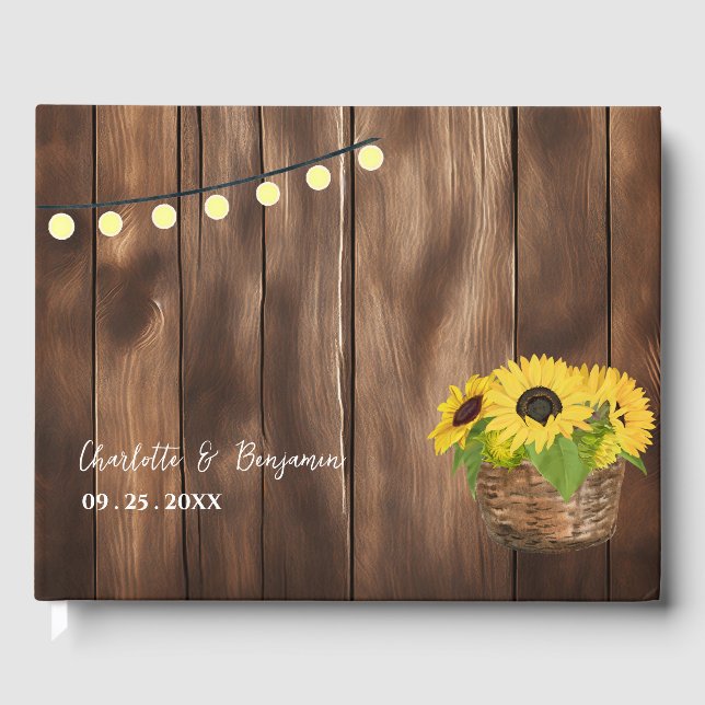Rustic Wooden String Lights Sunflower Wedding Guest Book (Front)