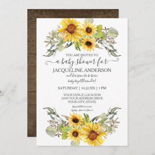 Rustic Wooden Sunflower Boy Baby Shower Watercolor Invitation