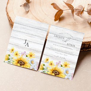 Rustic Wooden Sunflower Monogram Floral Wedding Invitation