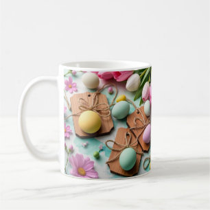 Rustic wooden tags with painted Easter eggs Coffee Mug