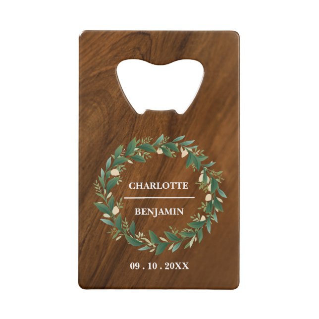 Rustic Wooden Wedding Favor Credit Card Bottle Opener (Front)
