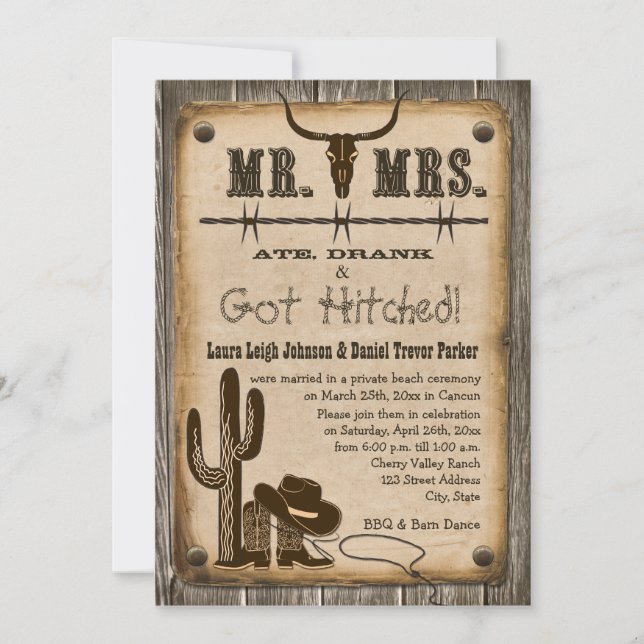 Rustic Wooden Western Wedding Reception Invite (Front)