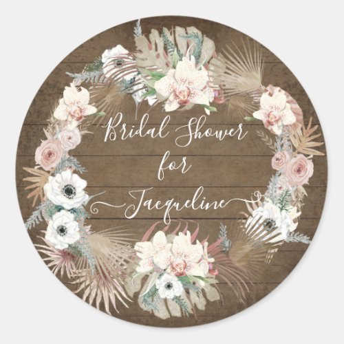 Rustic Wooden White Floral Palm Greenery Foliage Classic Round Sticker