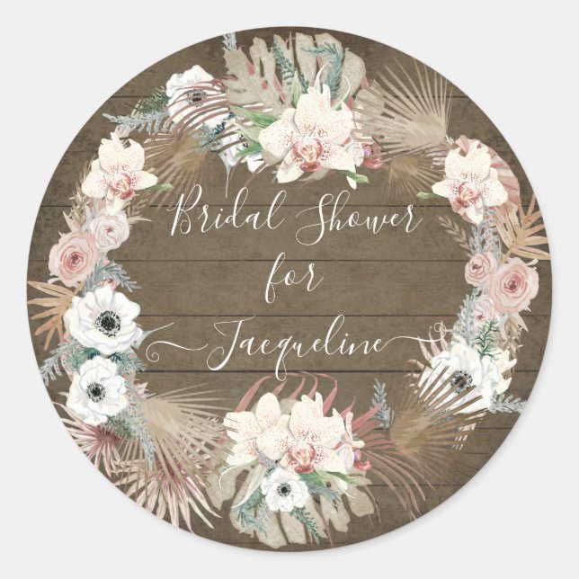 Rustic Wooden White Floral Palm Greenery Foliage Classic Round Sticker (Front)