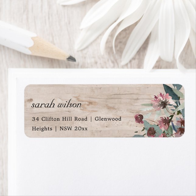 Rustic Wooden Wild Pink Eucalyptus Floral Address Label (Insitu)