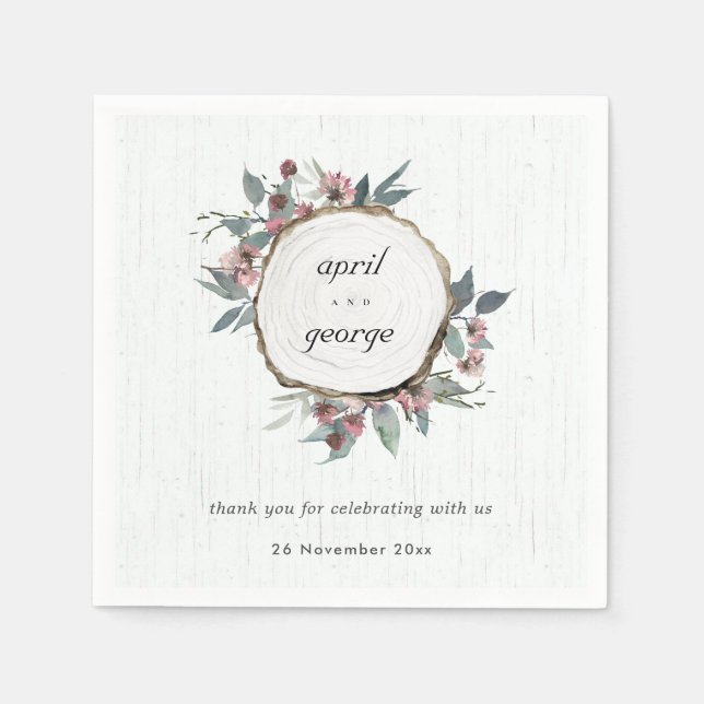 Rustic Wooden Wild Pink Eucalyptus Floral Wedding Napkins (Front)