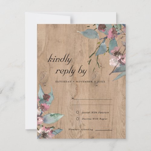 Rustic Wooden Wild Pink Eucalyptus Floral Wedding RSVP Card
