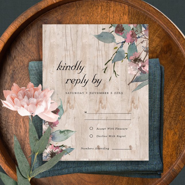 Rustic Wooden Wild Pink Eucalyptus Floral Wedding RSVP Card (Creator Uploaded)