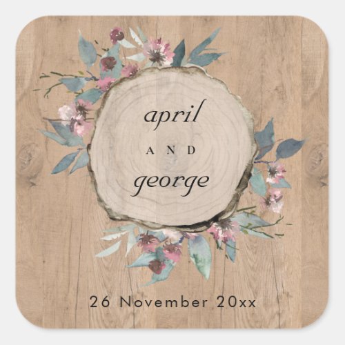Rustic Wooden Wild Pink Eucalyptus Floral Wedding Square Sticker