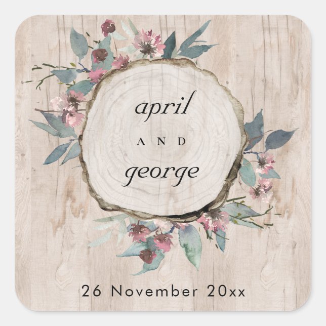 Rustic Wooden Wild Pink Eucalyptus Floral Wedding Square Sticker (Front)