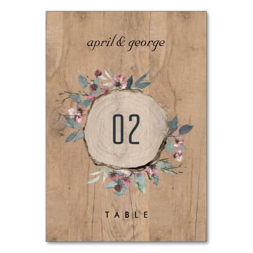 Rustic Wooden Wild Pink Eucalyptus Floral Wedding Table Number