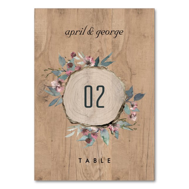 Rustic Wooden Wild Pink Eucalyptus Floral Wedding Table Number (Front)