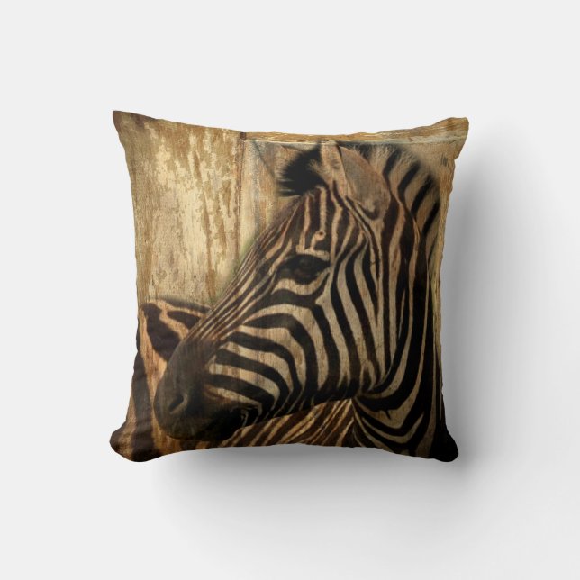 rustic woodgrain Africa safari animal  zebra Throw Pillow (Front)