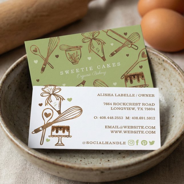 Rustic Woodgrain Baking Utensils Pastry Bakery Business Card (Baking & Cooking Utensil Woodgrain Texture & Green Business Card)