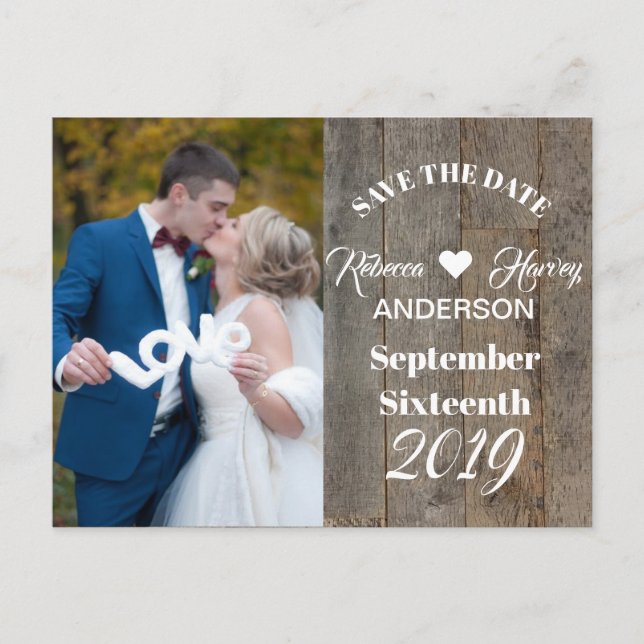 Rustic woodgrain barn wedding save the date announcement postcard (Front)