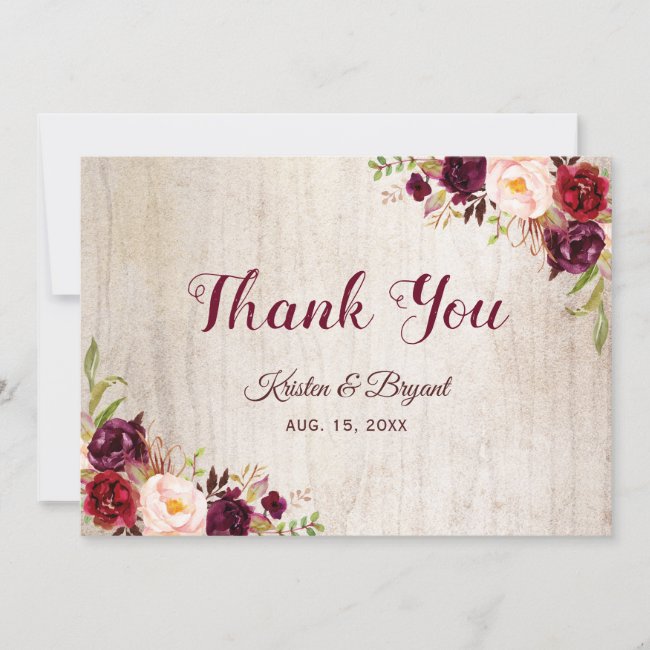 Rustic Woodgrain Burgundy Blush Floral Wedding Thank You Card