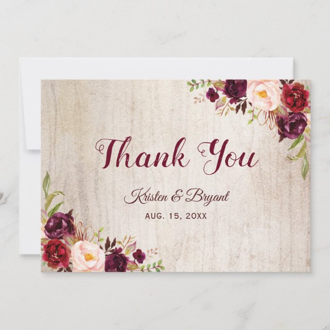 Rustic Woodgrain Burgundy Blush Floral Wedding Thank You Card (Front)