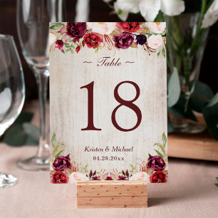 Rustic Woodgrain Burgundy Floral Table Number