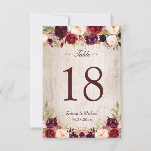 Rustic Woodgrain Burgundy Floral Table Number - Create your own Table Number Card with this "Rustic Burgundy Floral String Lights Design Suite" template to match your wedding colors and style. 
(1) Please personalize this template one by one (e.g, from number 1 to xx) , and add each number card separately to your cart. 
(2) For further customization, please click the "customize further" link and use our design tool to modify this template. 
(3) If you need help or matching items, please feel free to contact me.
