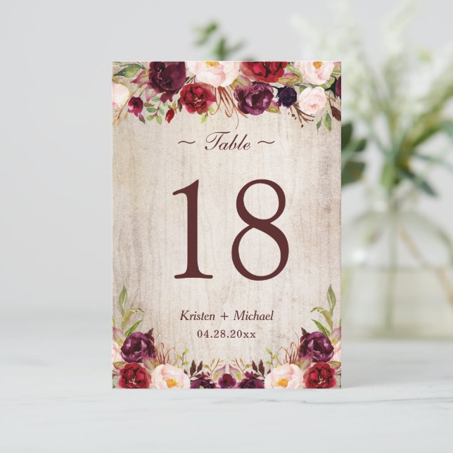 Rustic Woodgrain Burgundy Floral Table Number Card (Standing Front)