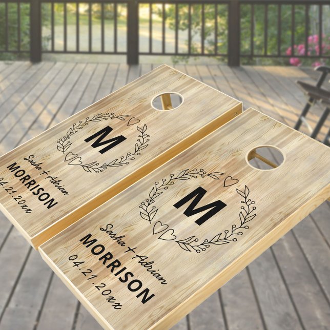 Rustic Woodgrain Couple Monogram Heart Wreath Cornhole Set (Creator Uploaded)