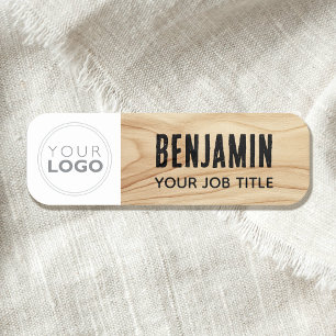Rustic Woodgrain Employee Logo Black Branded Name Tag