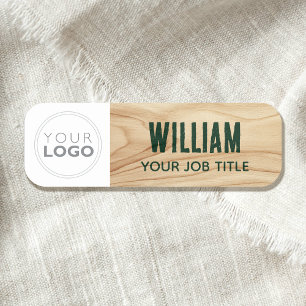 Rustic Woodgrain Employee Logo Green Branded Name Tag