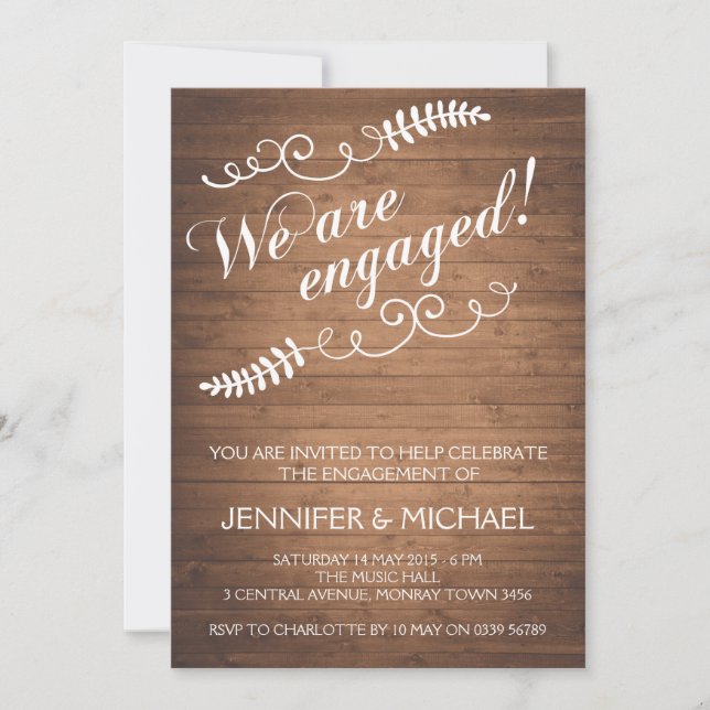 Rustic woodgrain engagement party invitation (Front)