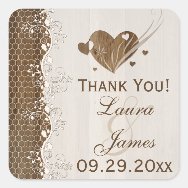 Rustic Woodgrain Floral Lace Wedding Favor Sticker (Front)