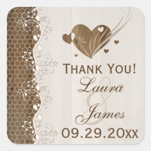 Rustic Woodgrain Floral Lace Wedding Favor Sticker