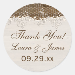 Rustic Woodgrain Floral Lace Wedding Favor Sticker